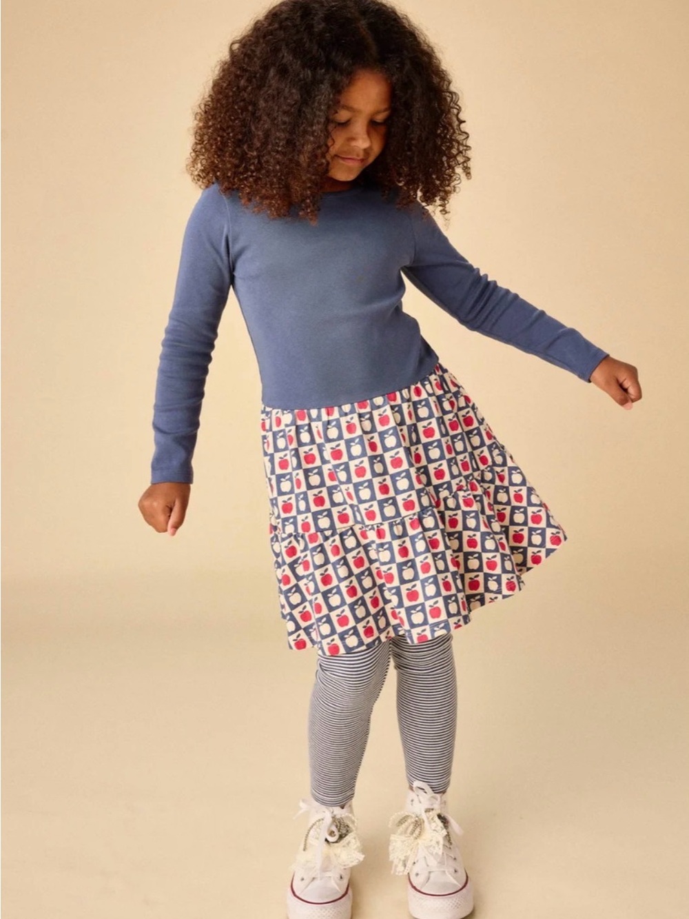 Girls Navy Blue Apple Print Dress